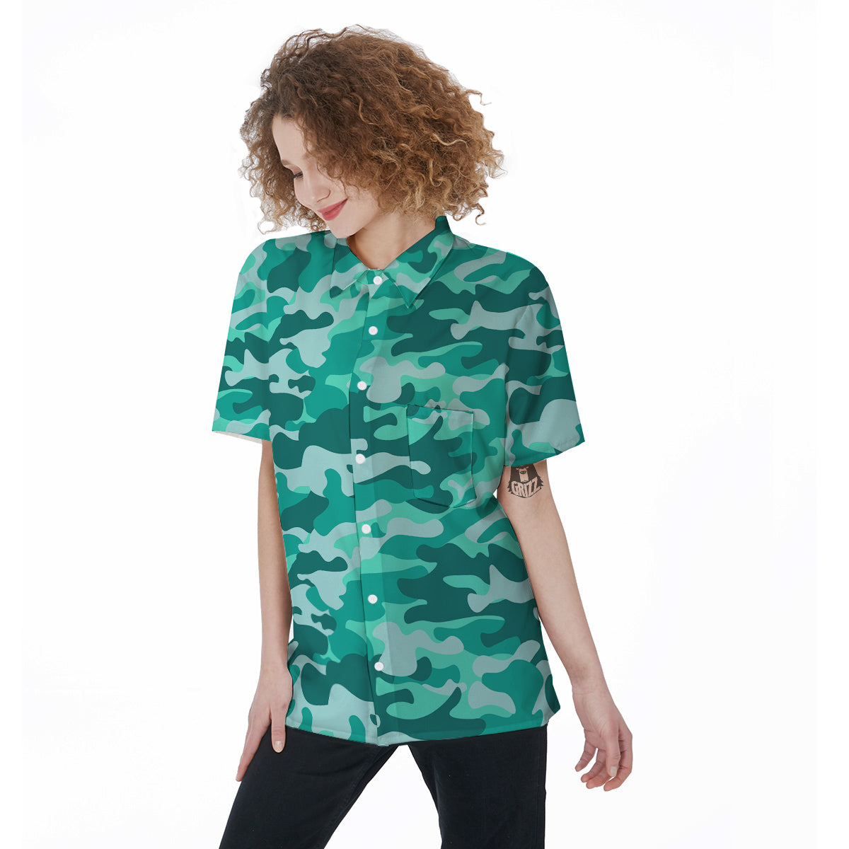Teal Camo And Camouflage Print Women's Short Sleeve Shirts-grizzshop