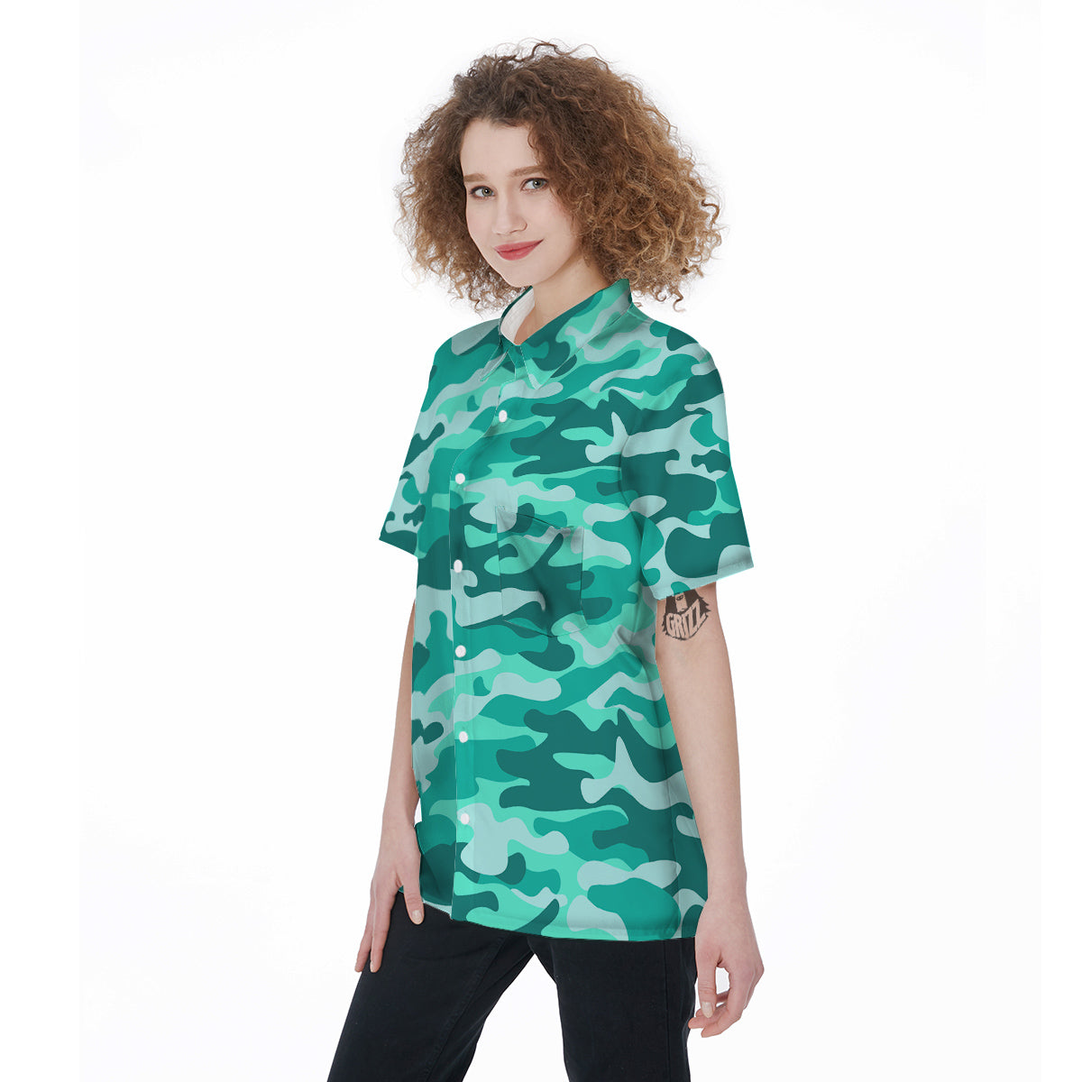 Teal Camo And Camouflage Print Women's Short Sleeve Shirts-grizzshop