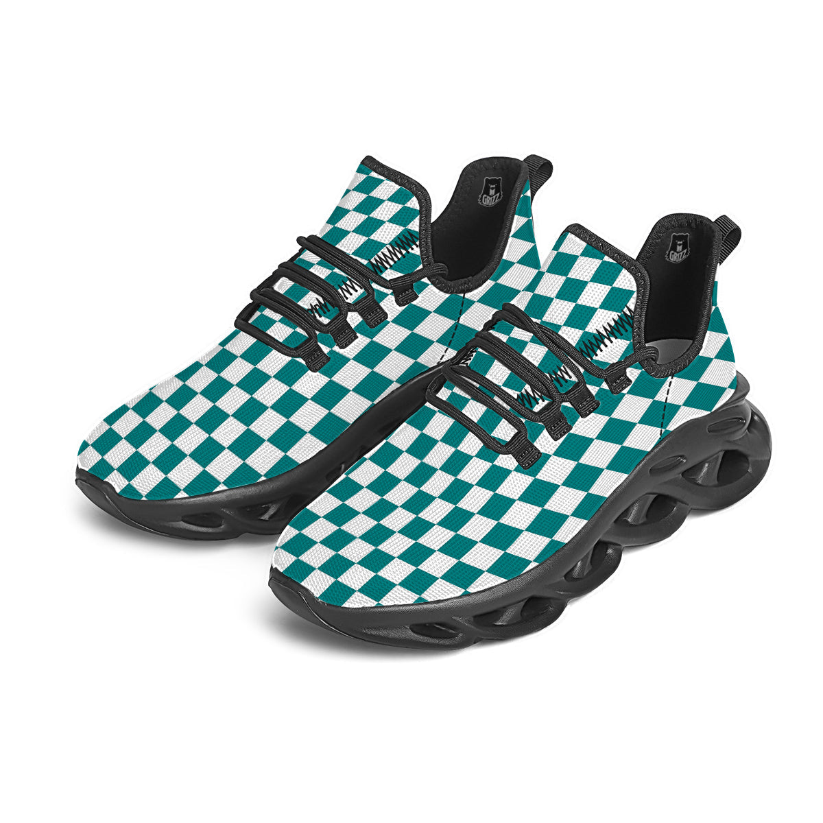 Teal Checkered Flag Print Black Running Shoes-grizzshop