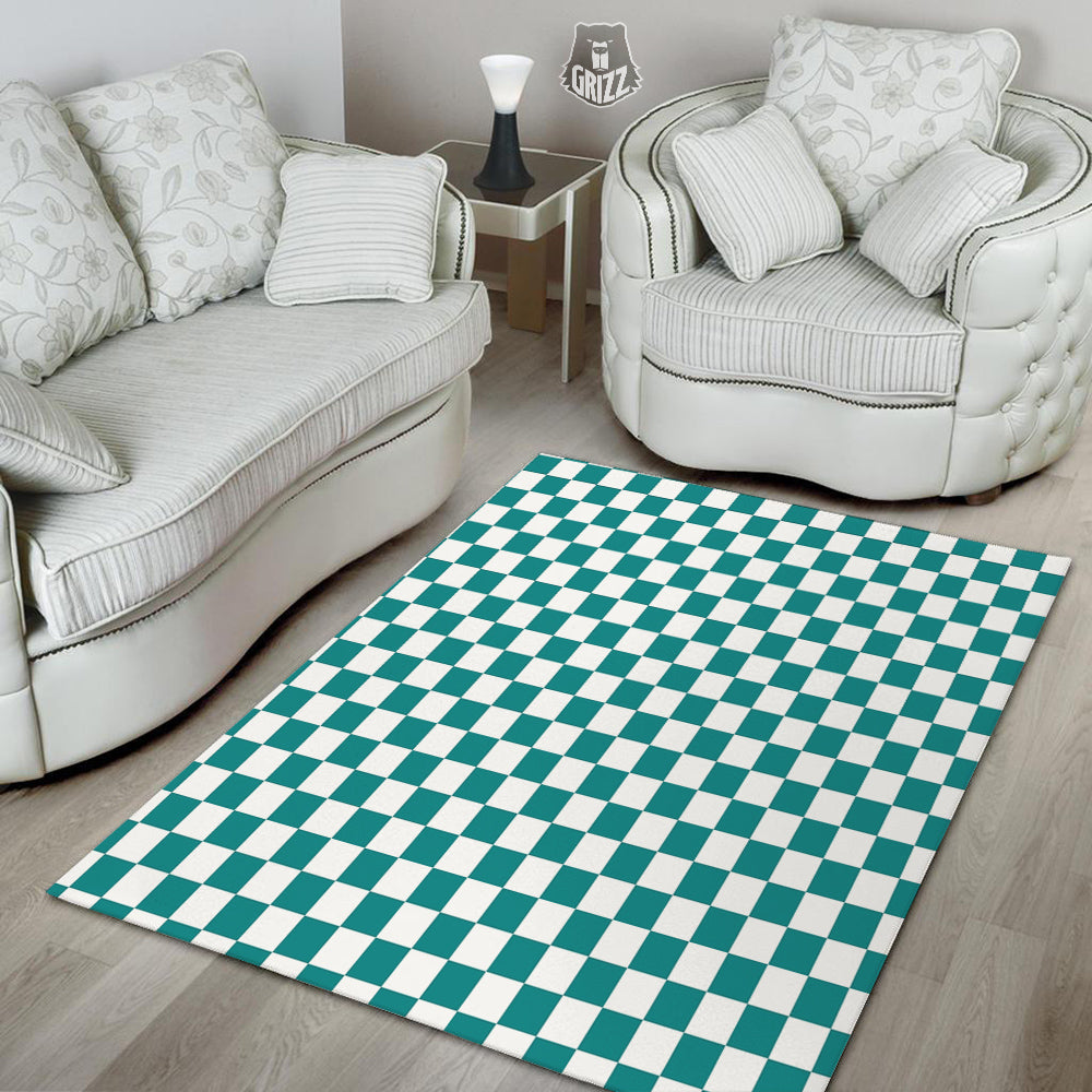 Teal Checkered Flag Print Floor Mat-grizzshop