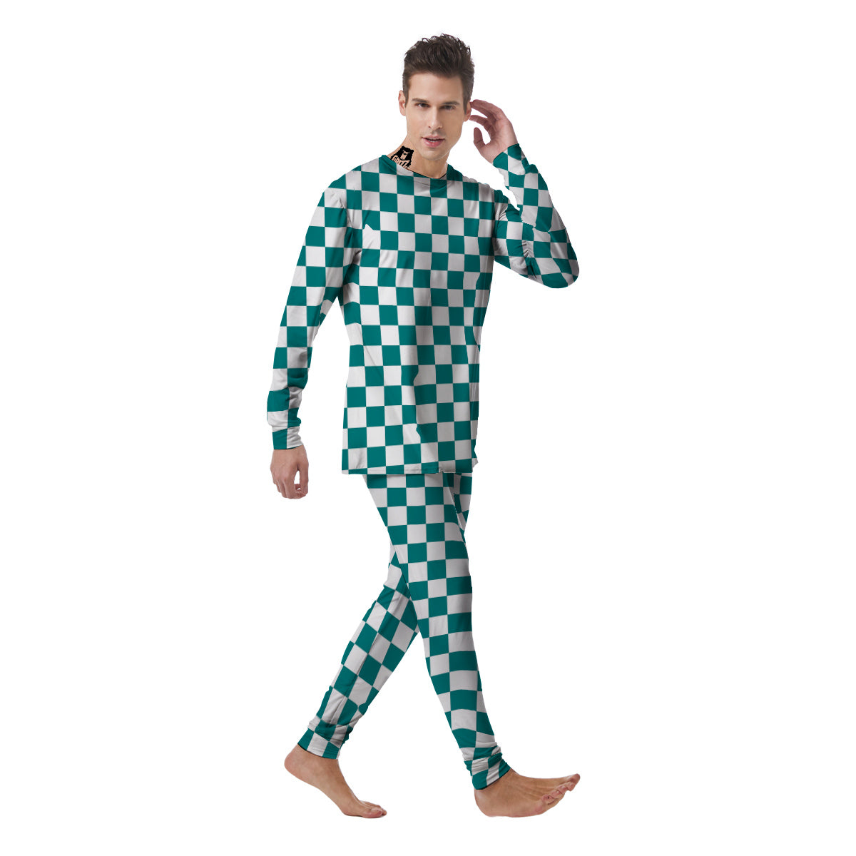 Teal Checkered Flag Print Men's Pajamas-grizzshop