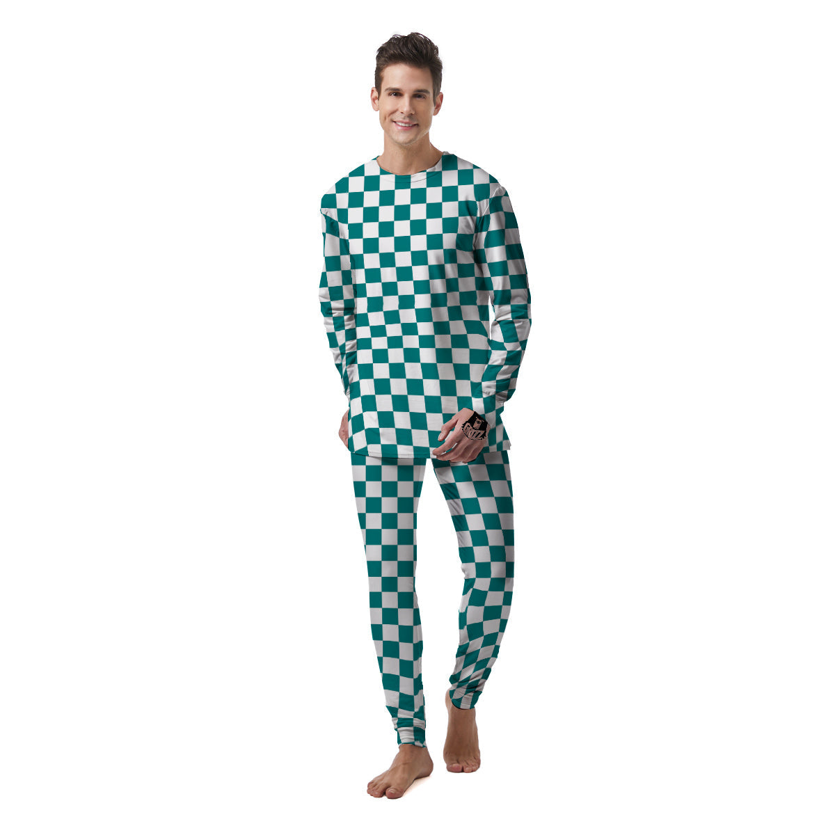 Teal Checkered Flag Print Men's Pajamas-grizzshop