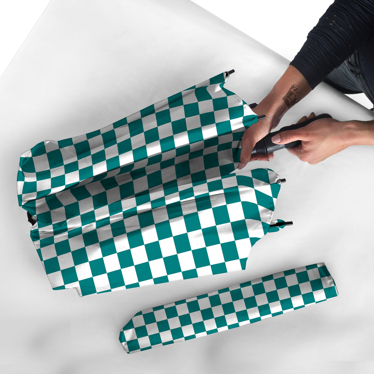 Teal Checkered Flag Print Umbrella-grizzshop