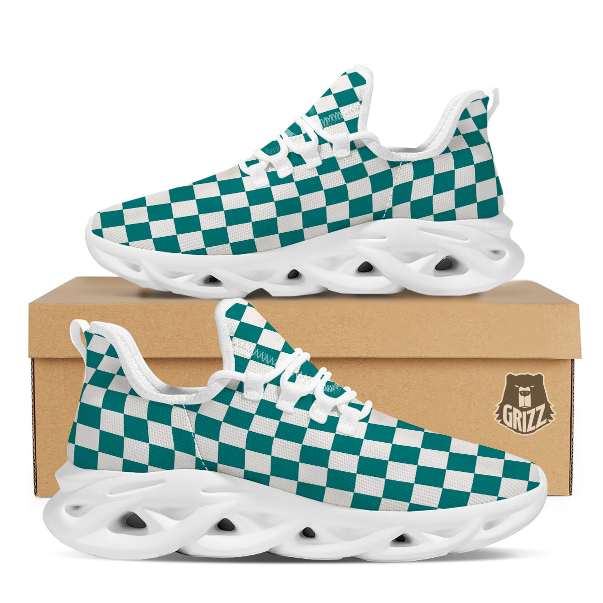 Teal Checkered Flag Print White Running Shoes-grizzshop