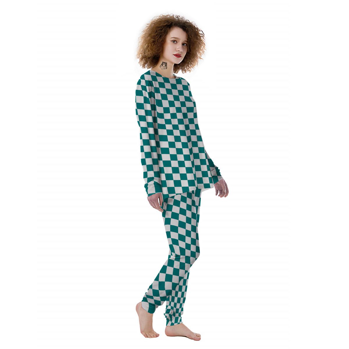 Teal Checkered Flag Print Women's Pajamas-grizzshop