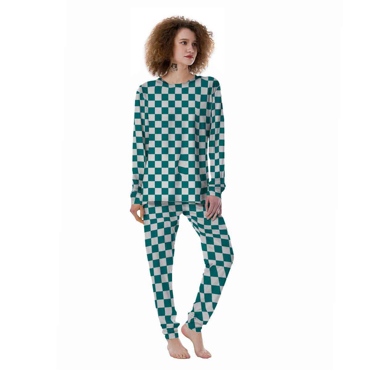 Teal Checkered Flag Print Women's Pajamas-grizzshop