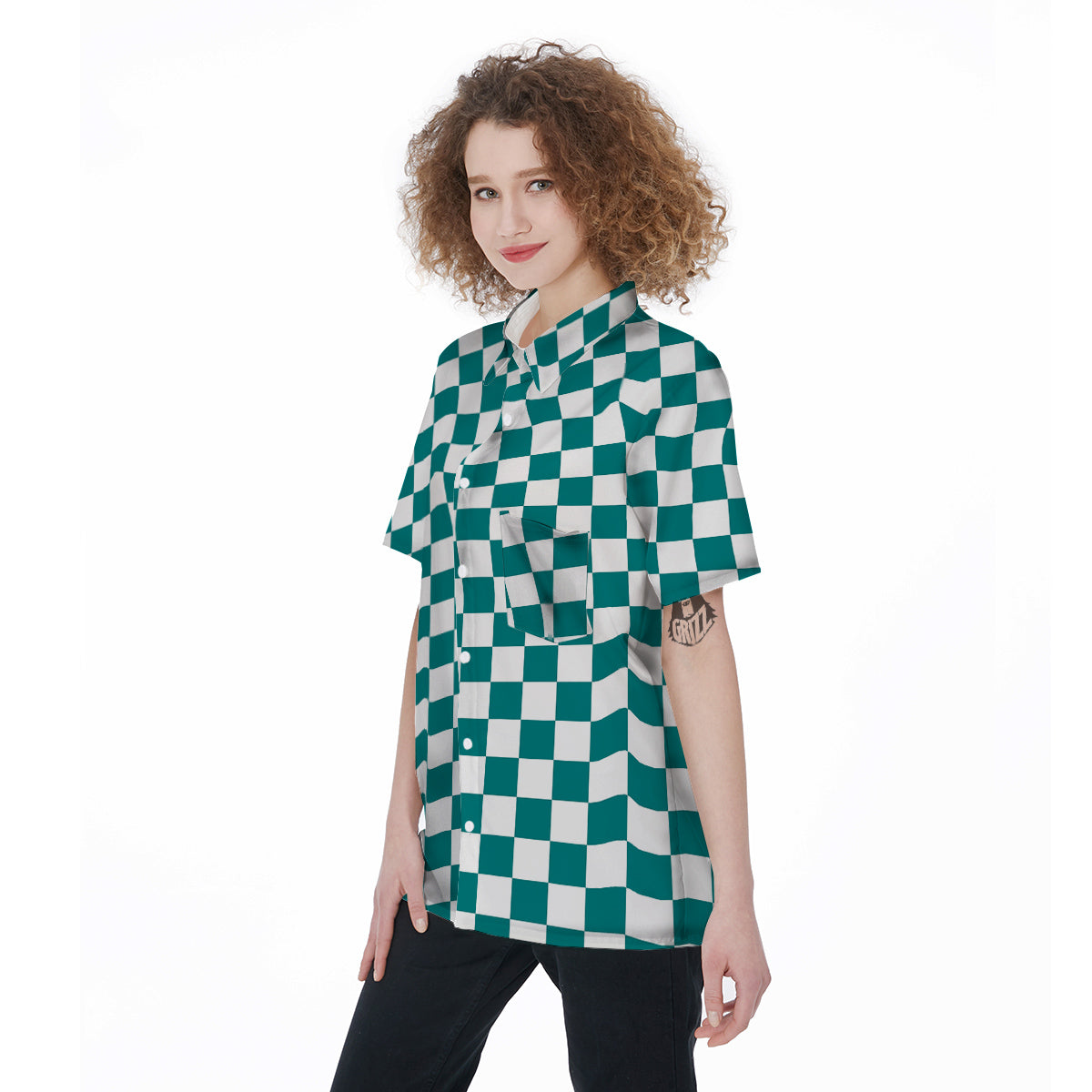 Teal Checkered Flag Print Women's Short Sleeve Shirts-grizzshop