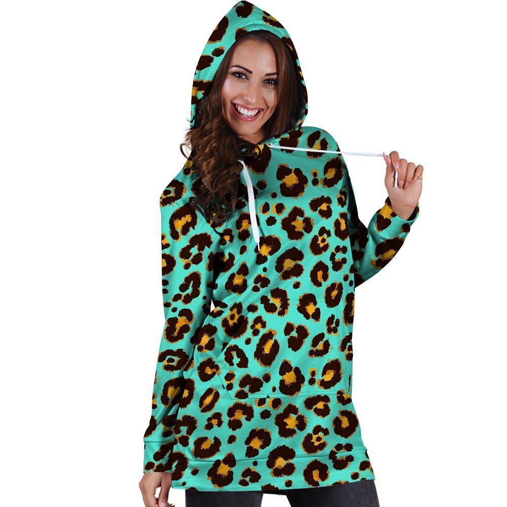 Teal Cheetah Hoodie Dress-grizzshop