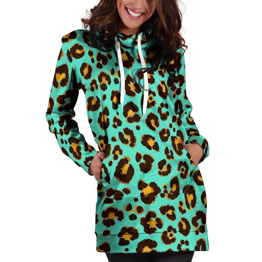 Teal Cheetah Hoodie Dress-grizzshop