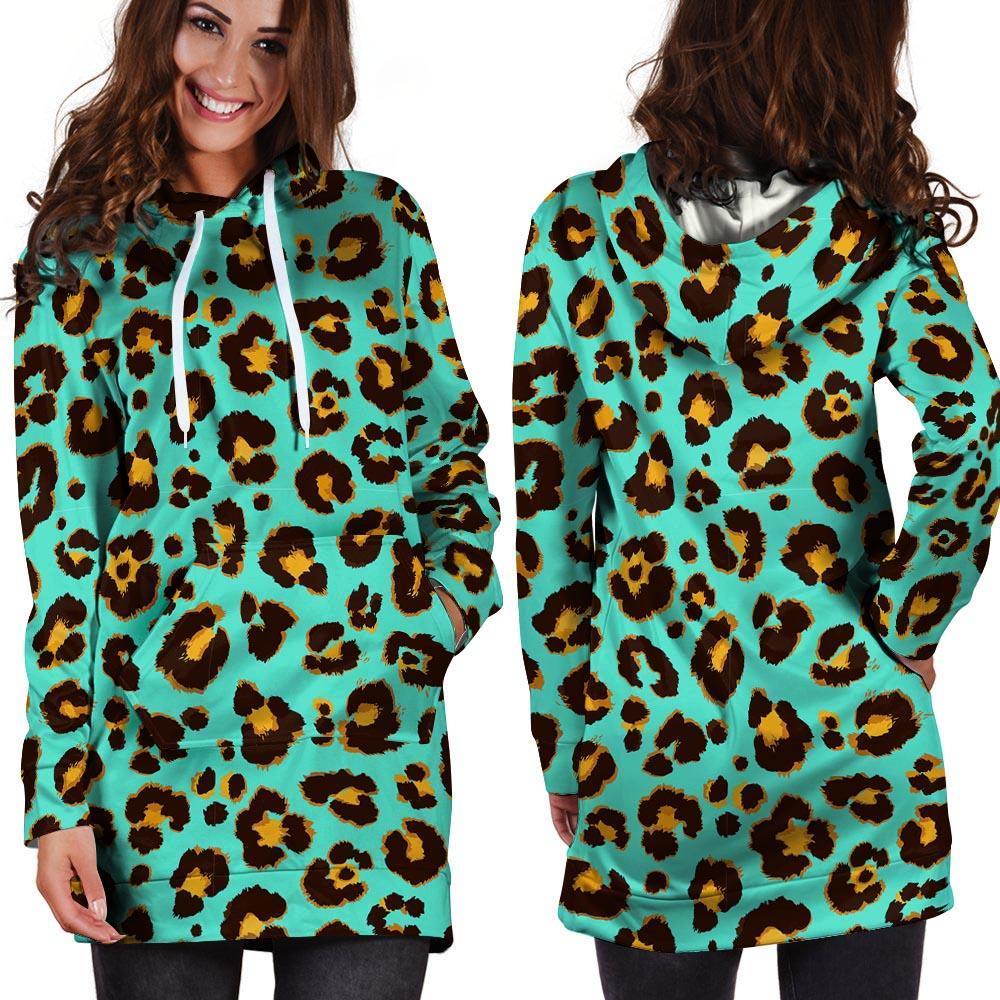 Teal Cheetah Hoodie Dress-grizzshop