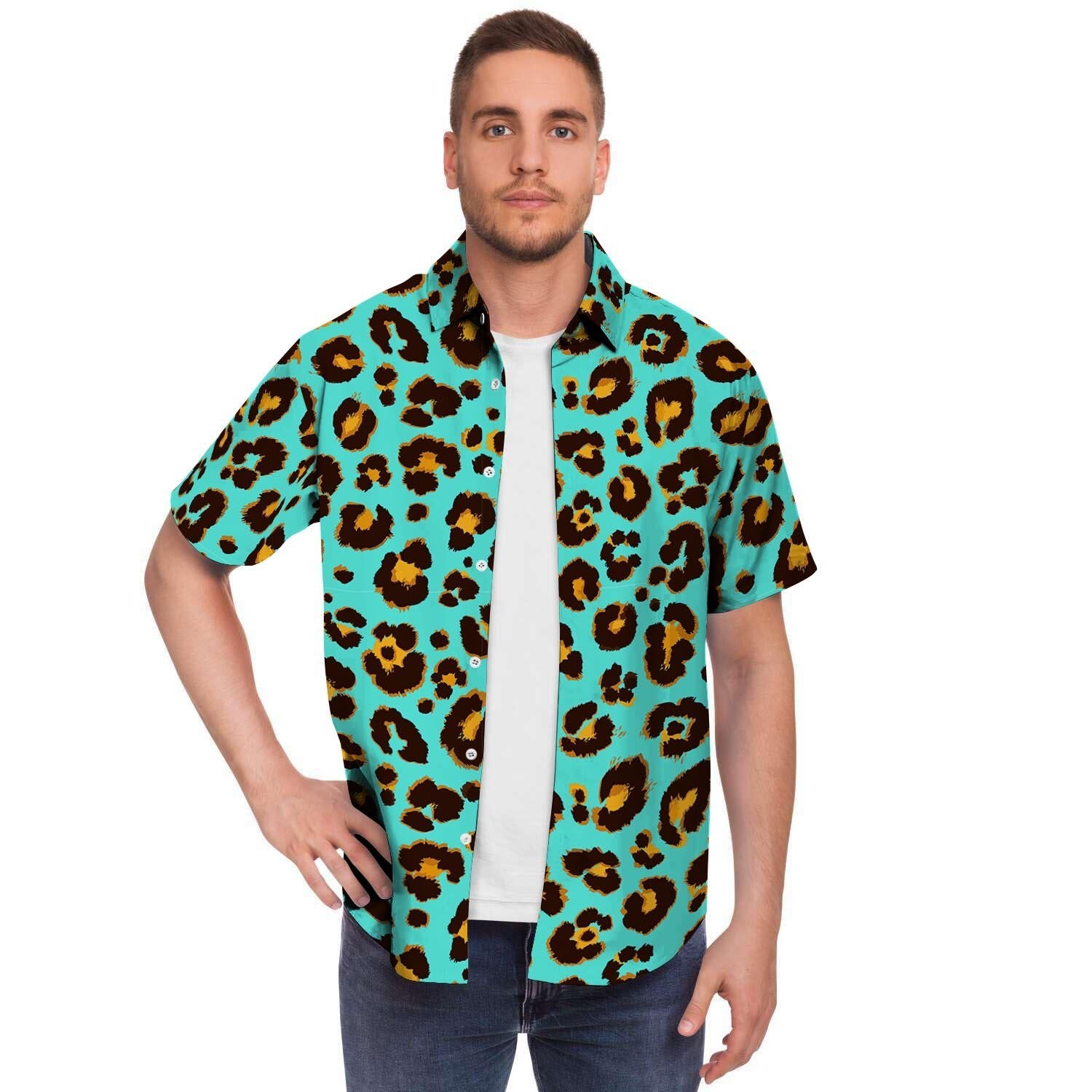Teal Cheetah Men's Short Sleeve Shirt-grizzshop