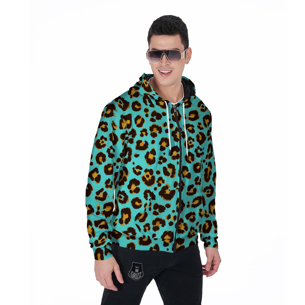 Teal Cheetah Men's Zip Up Hoodie-grizzshop