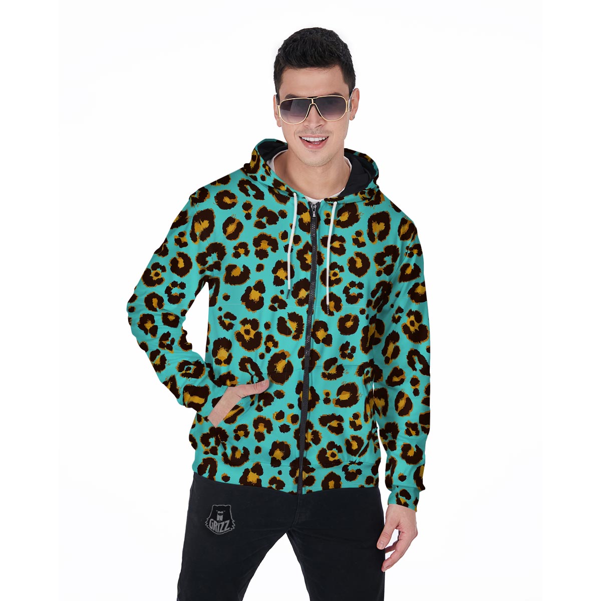 Teal Cheetah Men's Zip Up Hoodie-grizzshop