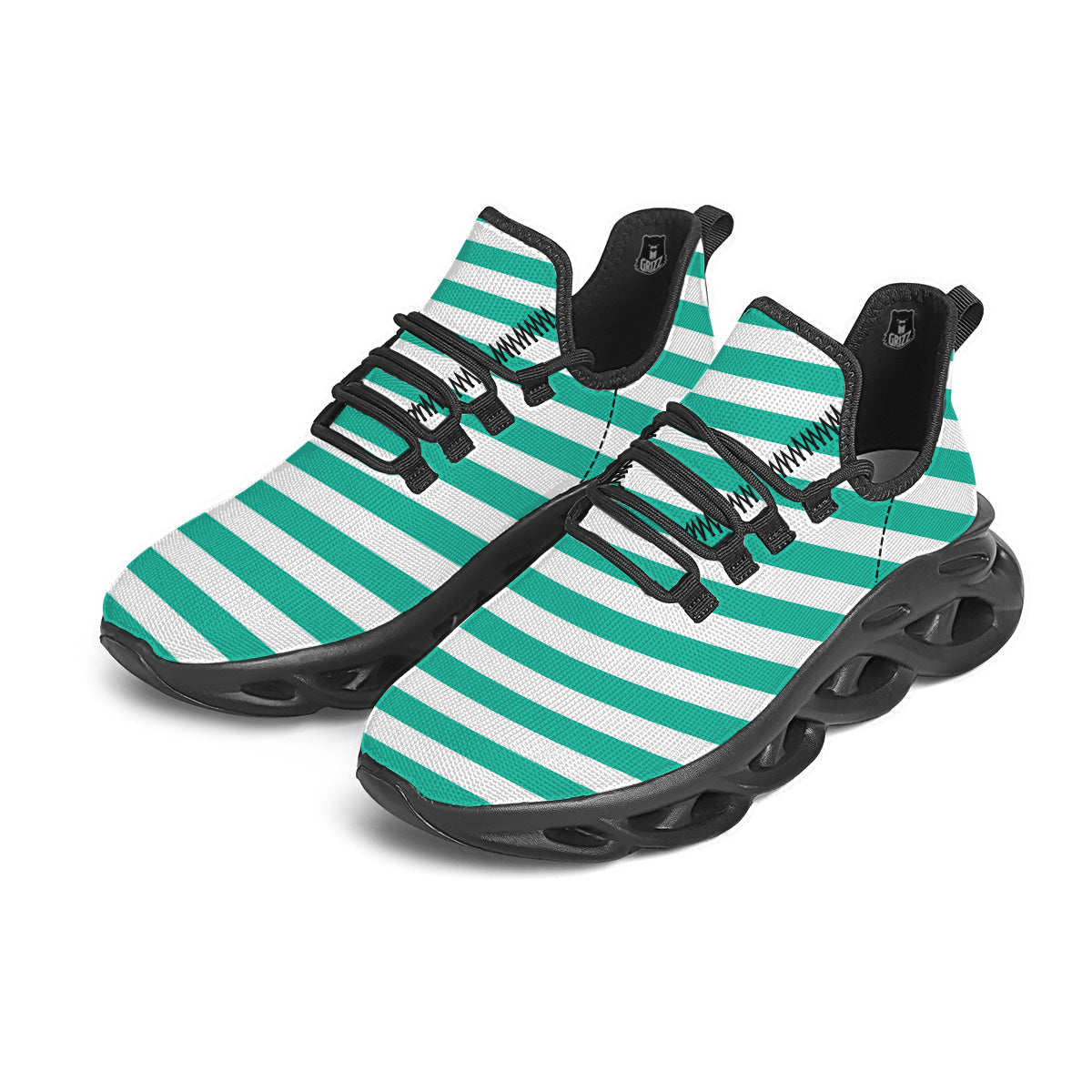 Teal Color Striped Print Black Running Shoes-grizzshop