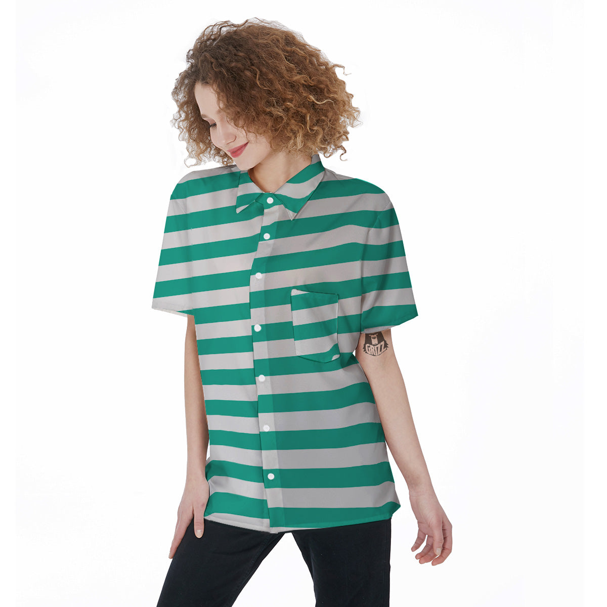 Teal Color Striped Print Women's Short Sleeve Shirts-grizzshop
