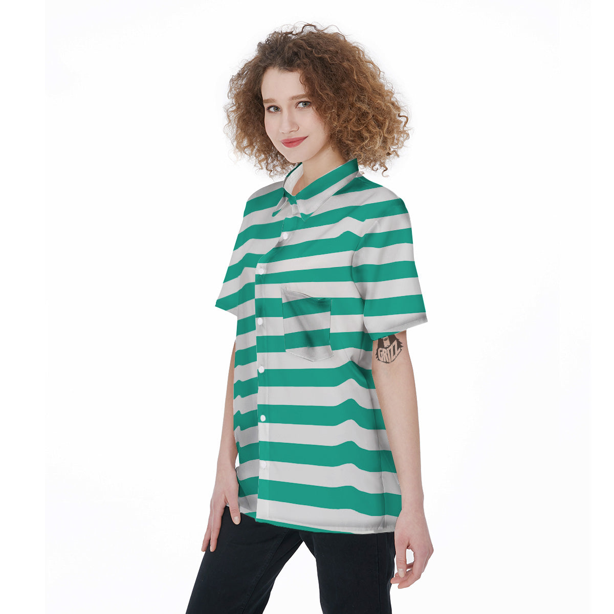 Teal Color Striped Print Women's Short Sleeve Shirts-grizzshop