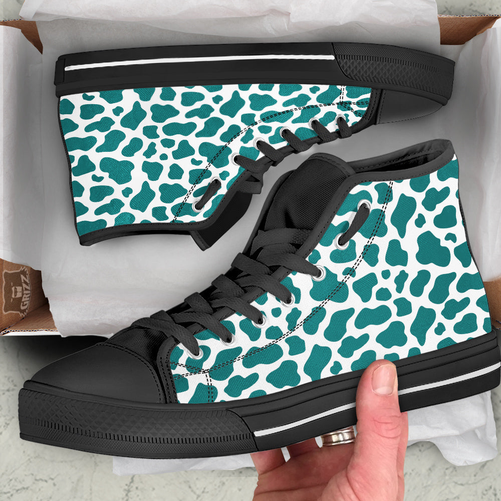 Teal Cow Print Pattern Black High Top Shoes-grizzshop