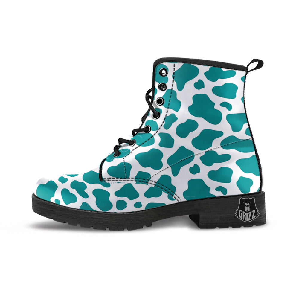 Teal Cow Print Pattern Leather Boots-grizzshop