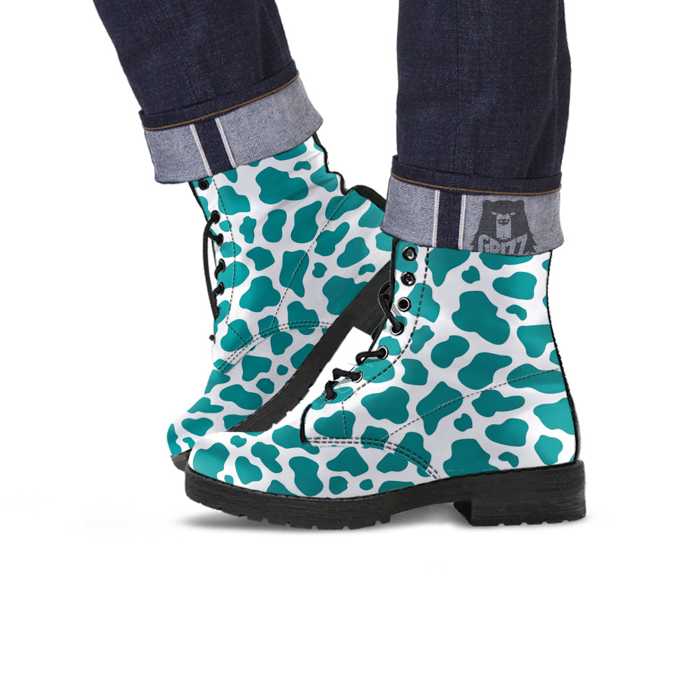 Teal Cow Print Pattern Leather Boots-grizzshop