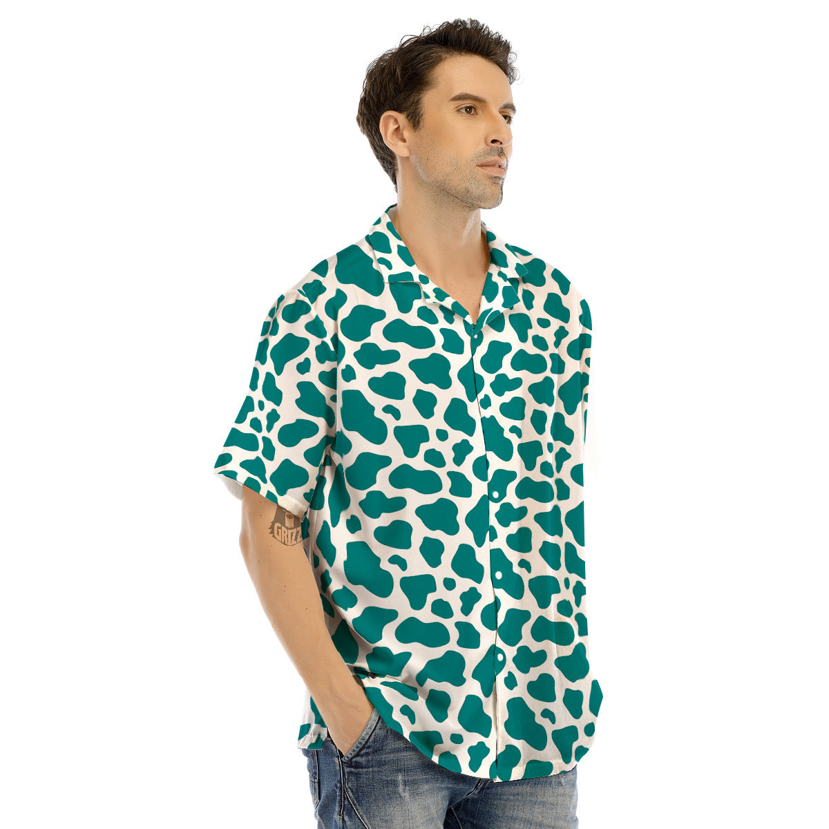 Teal Cow Print Pattern Men’s Hawaiian Shirt-grizzshop