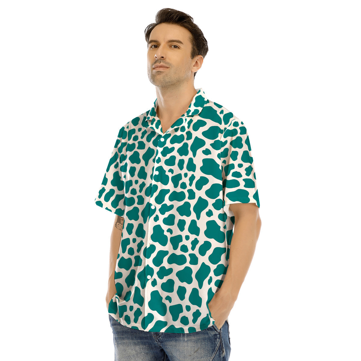 Teal Cow Print Pattern Men’s Hawaiian Shirt-grizzshop