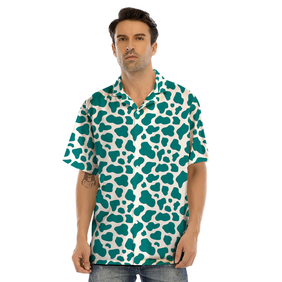 Teal Cow Print Pattern Men’s Hawaiian Shirt-grizzshop