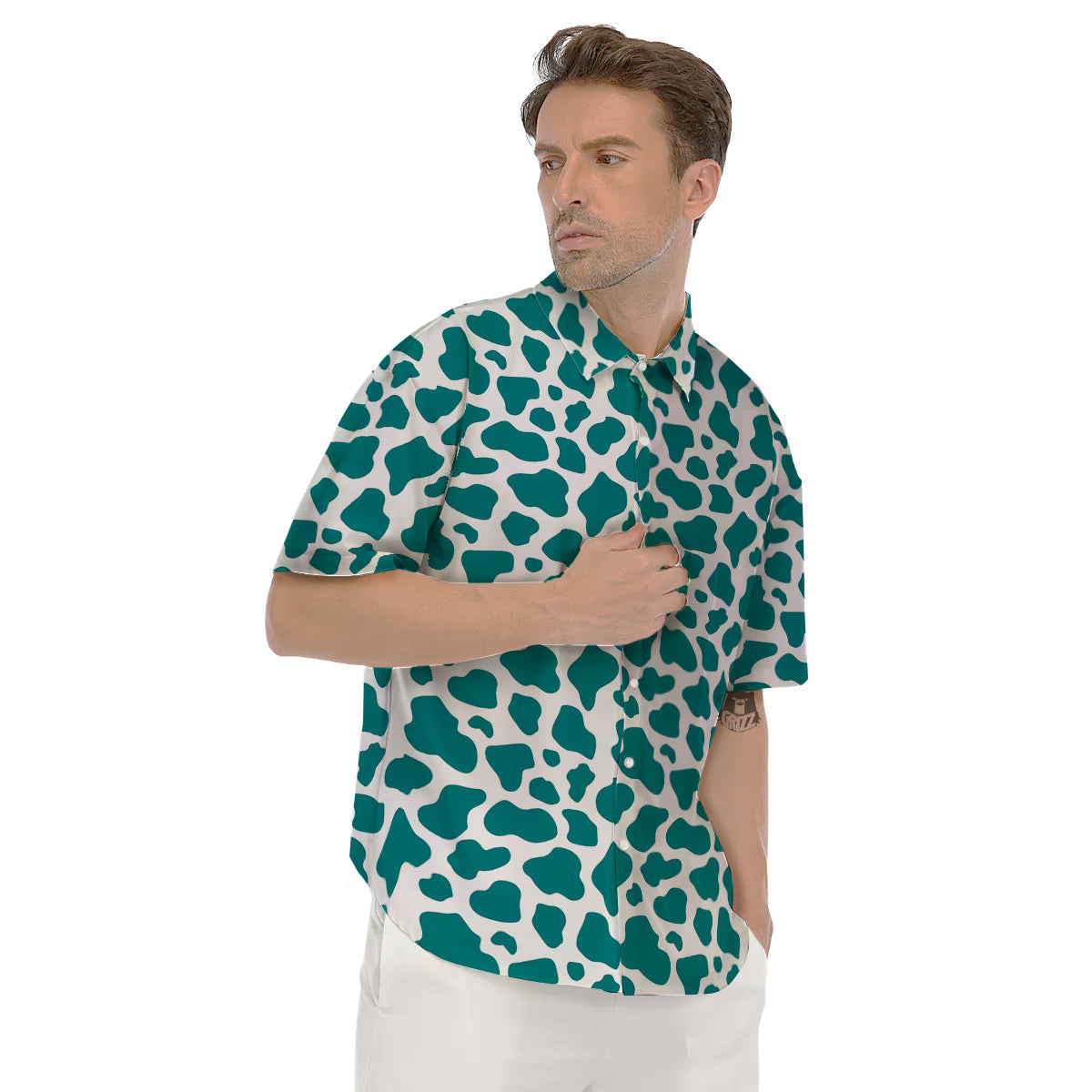 Teal Cow Print Pattern Men's Short Sleeve Shirts-grizzshop