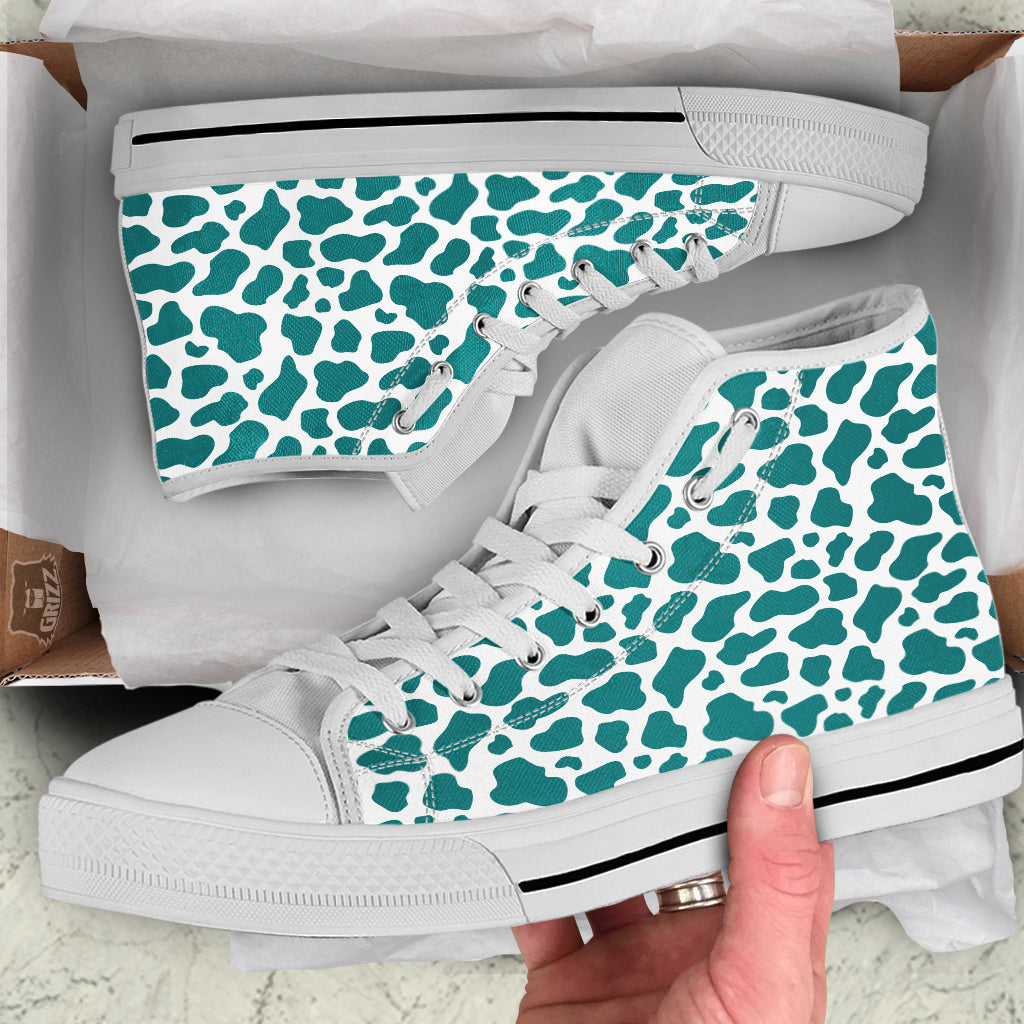 Teal Cow Print Pattern White High Top Shoes-grizzshop