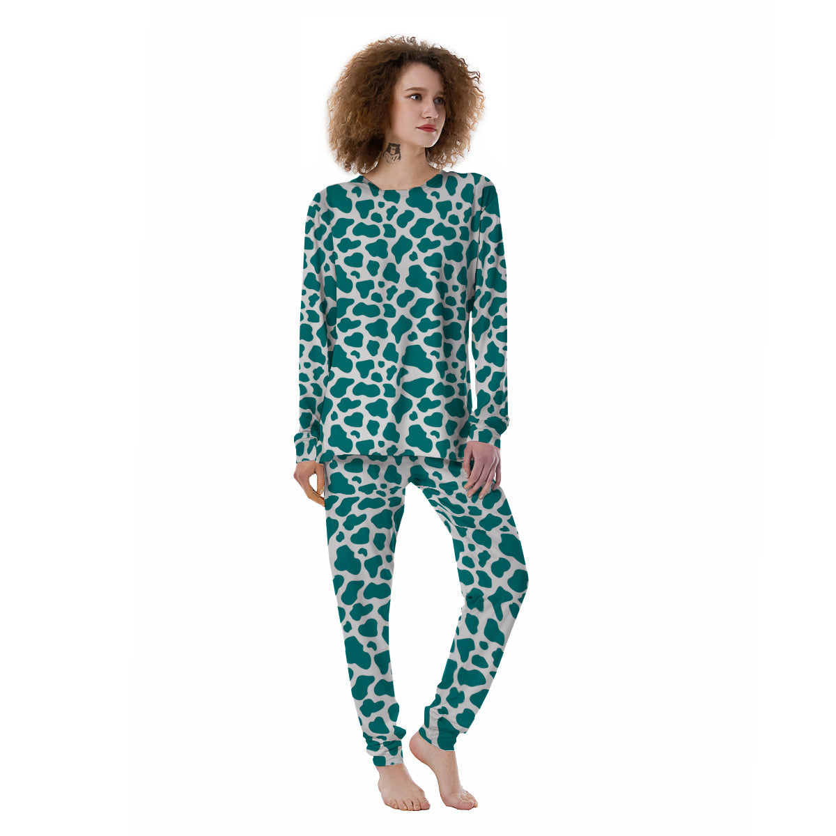 Teal Cow Print Pattern Women's Pajamas-grizzshop