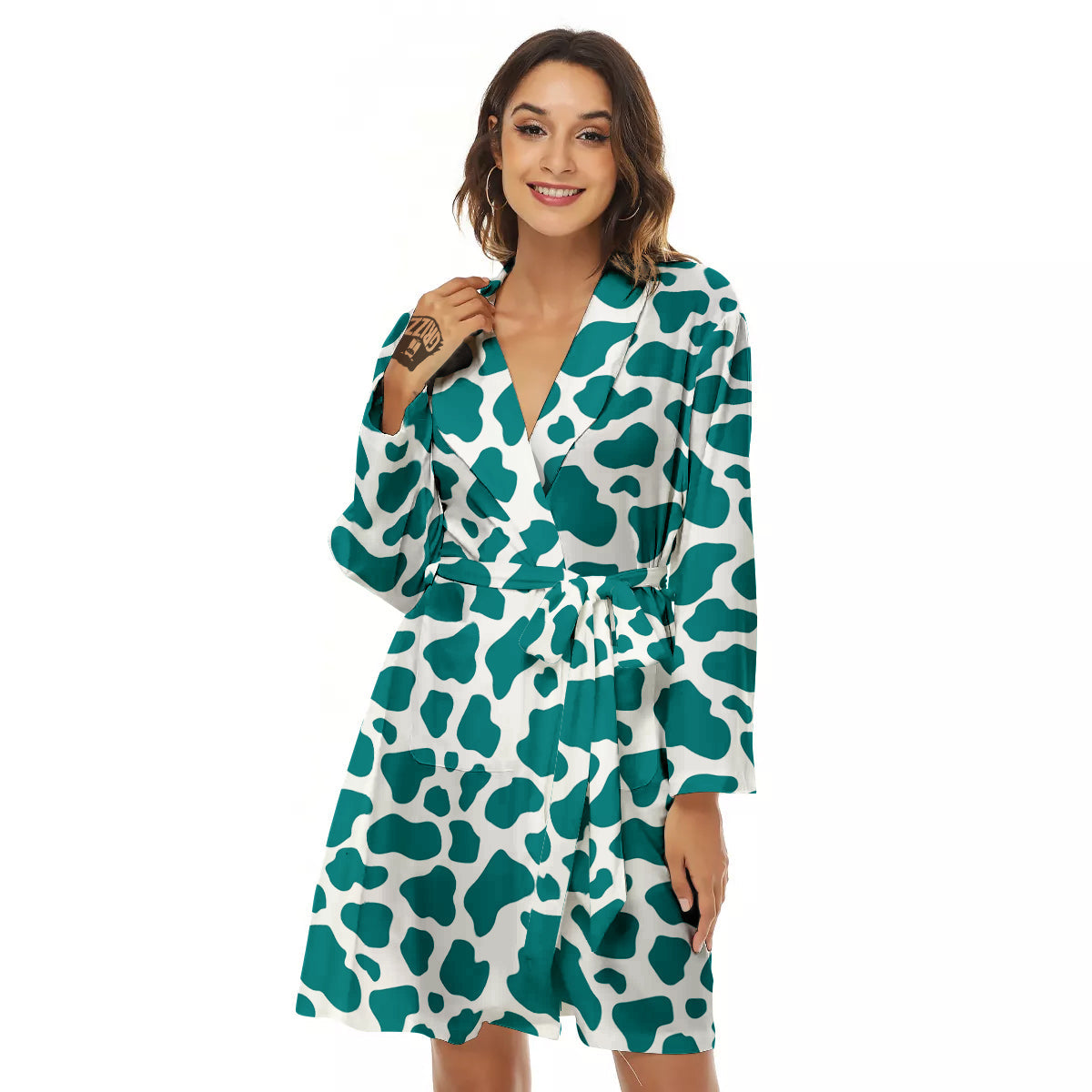 Teal Cow Print Pattern Women's Robe-grizzshop