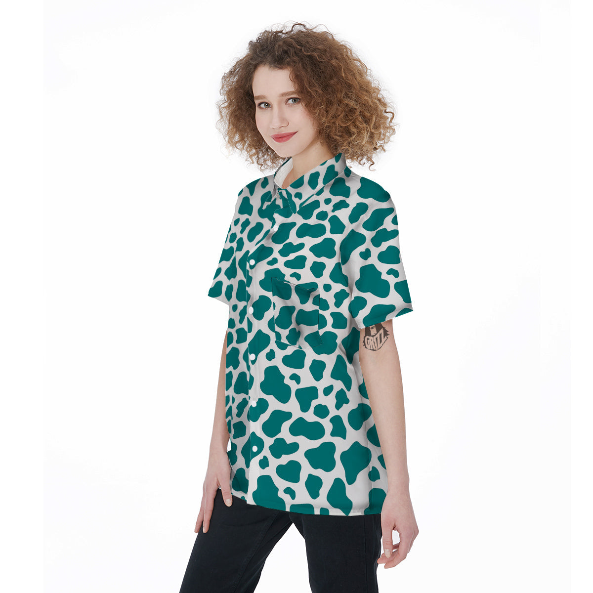 Teal Cow Print Pattern Women's Short Sleeve Shirts-grizzshop