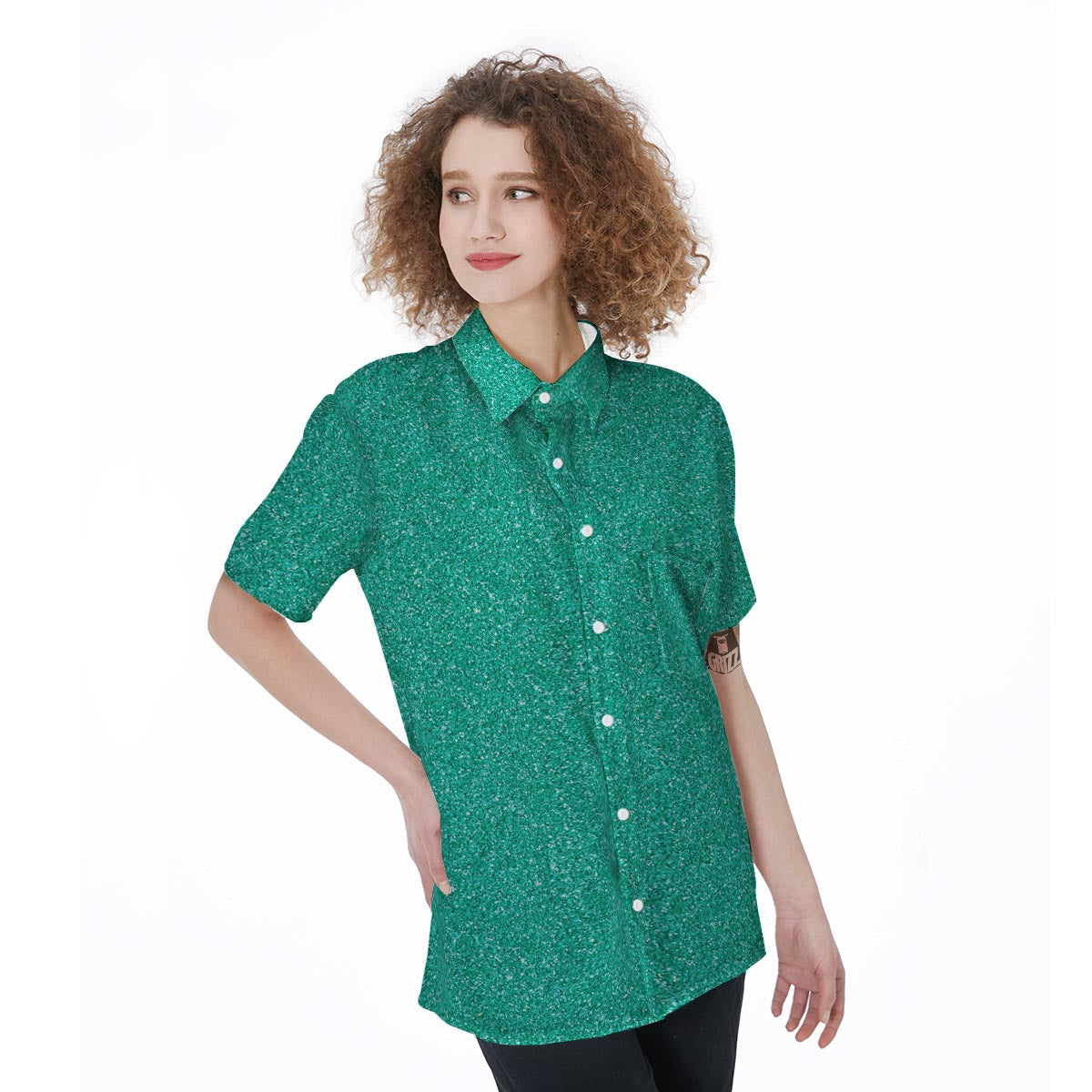 Teal Glitter Texture Print Women's Short Sleeve Shirts-grizzshop