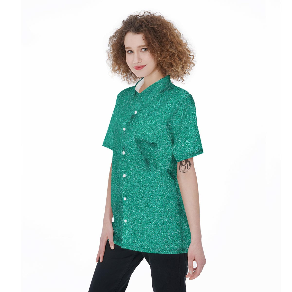 Teal Glitter Texture Print Women's Short Sleeve Shirts-grizzshop