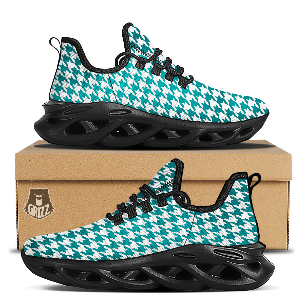 Teal Houndstooth Print Black Running Shoes-grizzshop