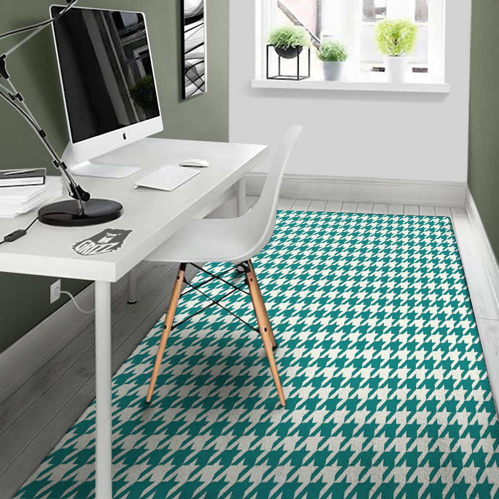 Teal Houndstooth Print Floor Mat-grizzshop