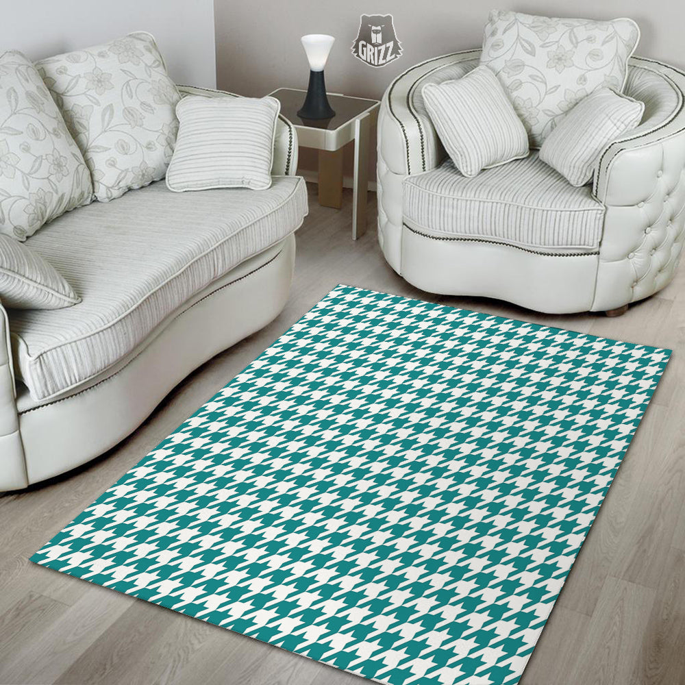 Teal Houndstooth Print Floor Mat-grizzshop