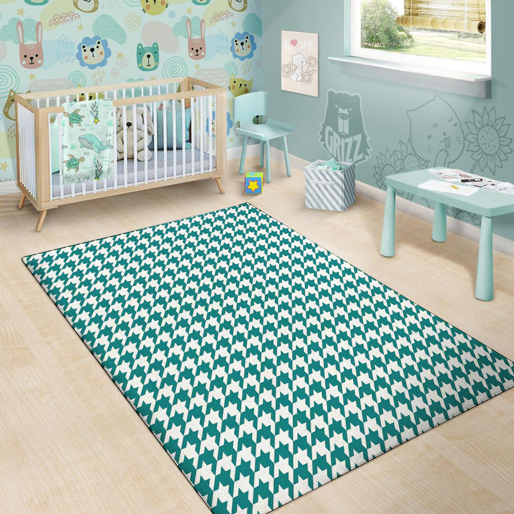 Teal Houndstooth Print Floor Mat-grizzshop