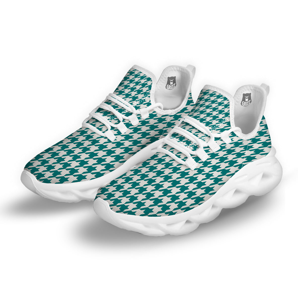 Teal Houndstooth Print White Running Shoes-grizzshop