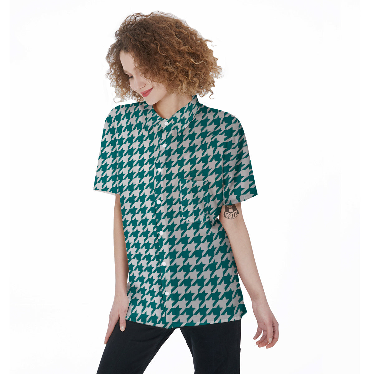 Teal Houndstooth Print Women's Short Sleeve Shirts-grizzshop