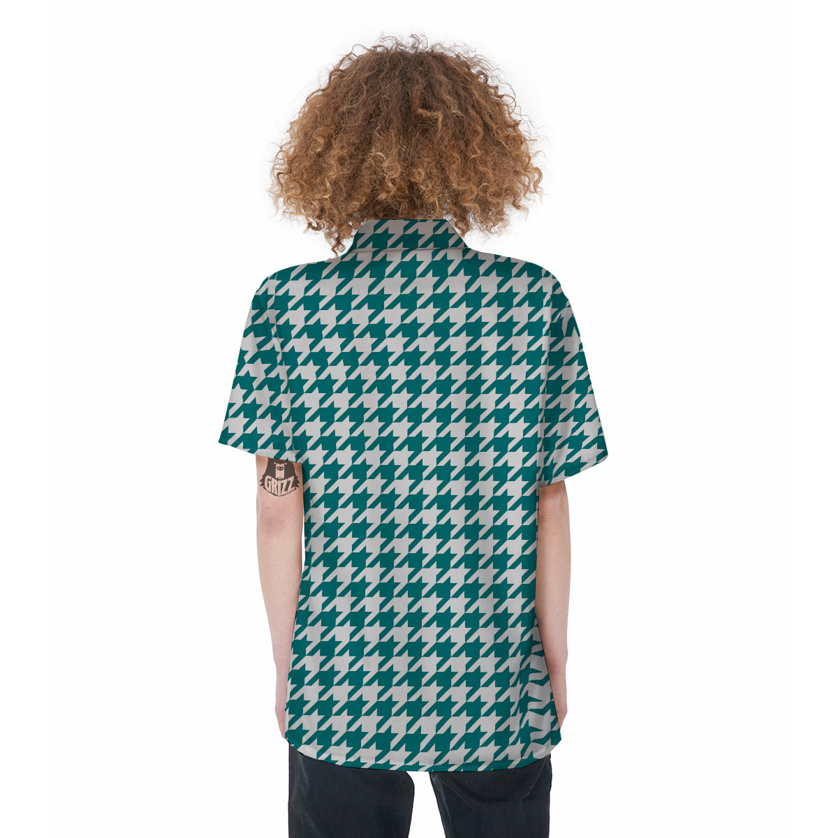 Teal Houndstooth Print Women's Short Sleeve Shirts-grizzshop