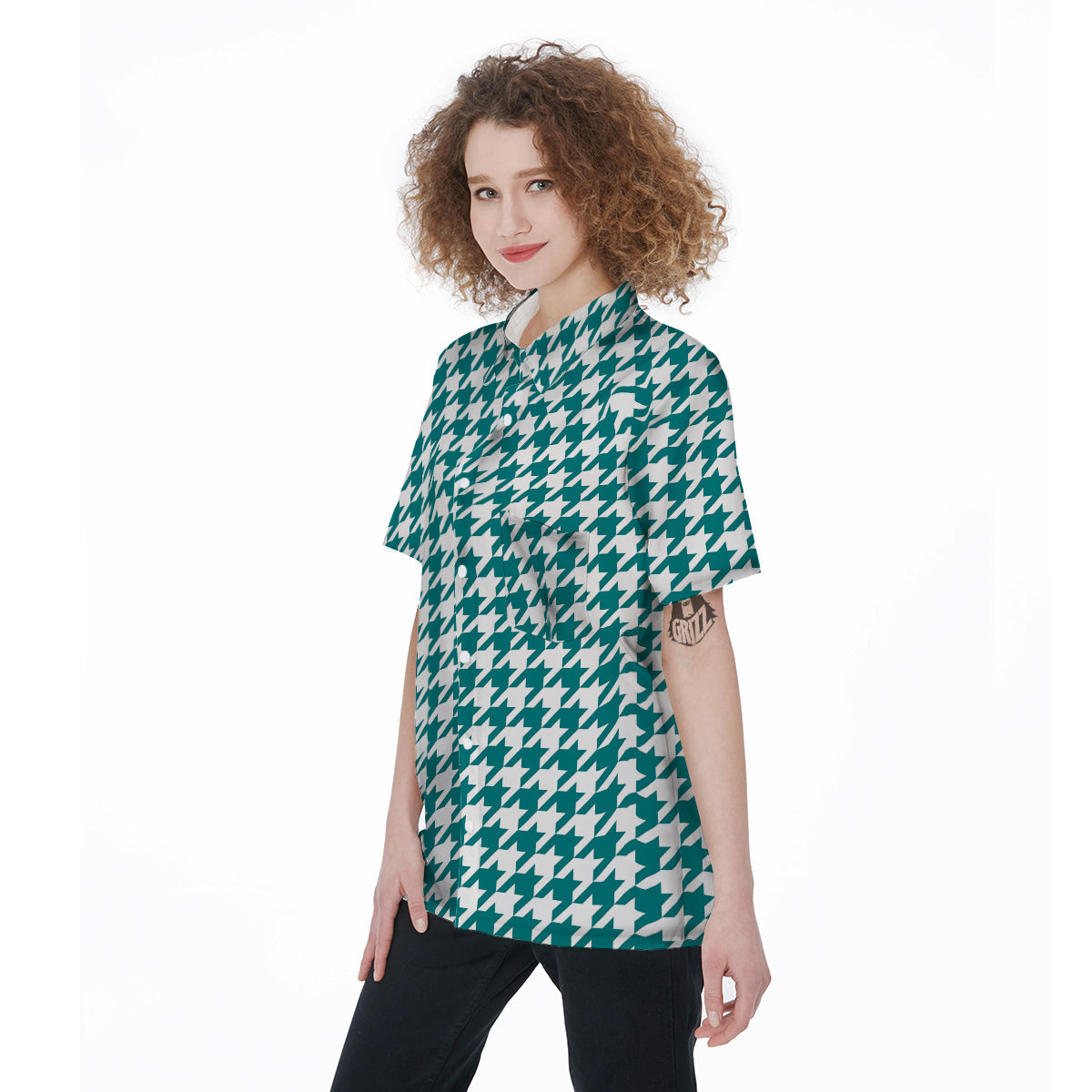 Teal Houndstooth Print Women's Short Sleeve Shirts-grizzshop
