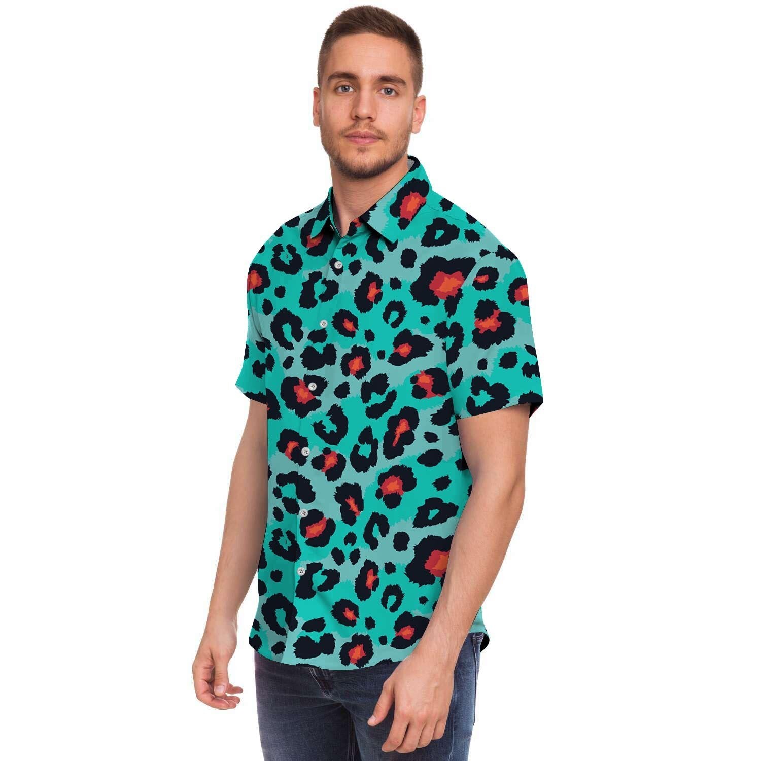 Teal Leopard Men's Short Sleeve Shirt-grizzshop