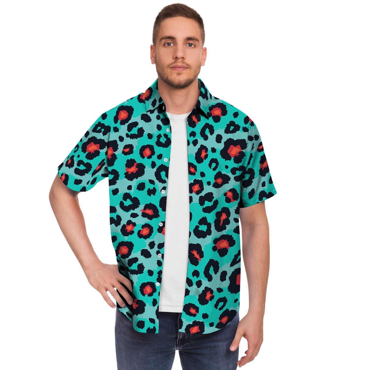 Teal Leopard Men's Short Sleeve Shirt-grizzshop