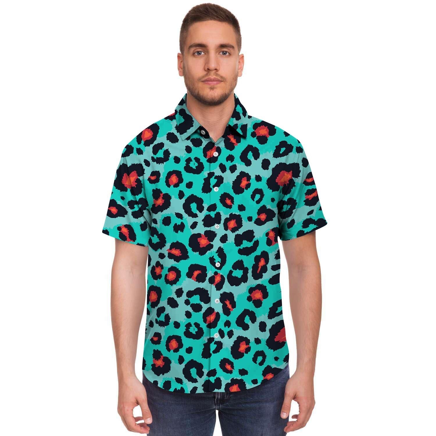 Teal Leopard Men's Short Sleeve Shirt-grizzshop