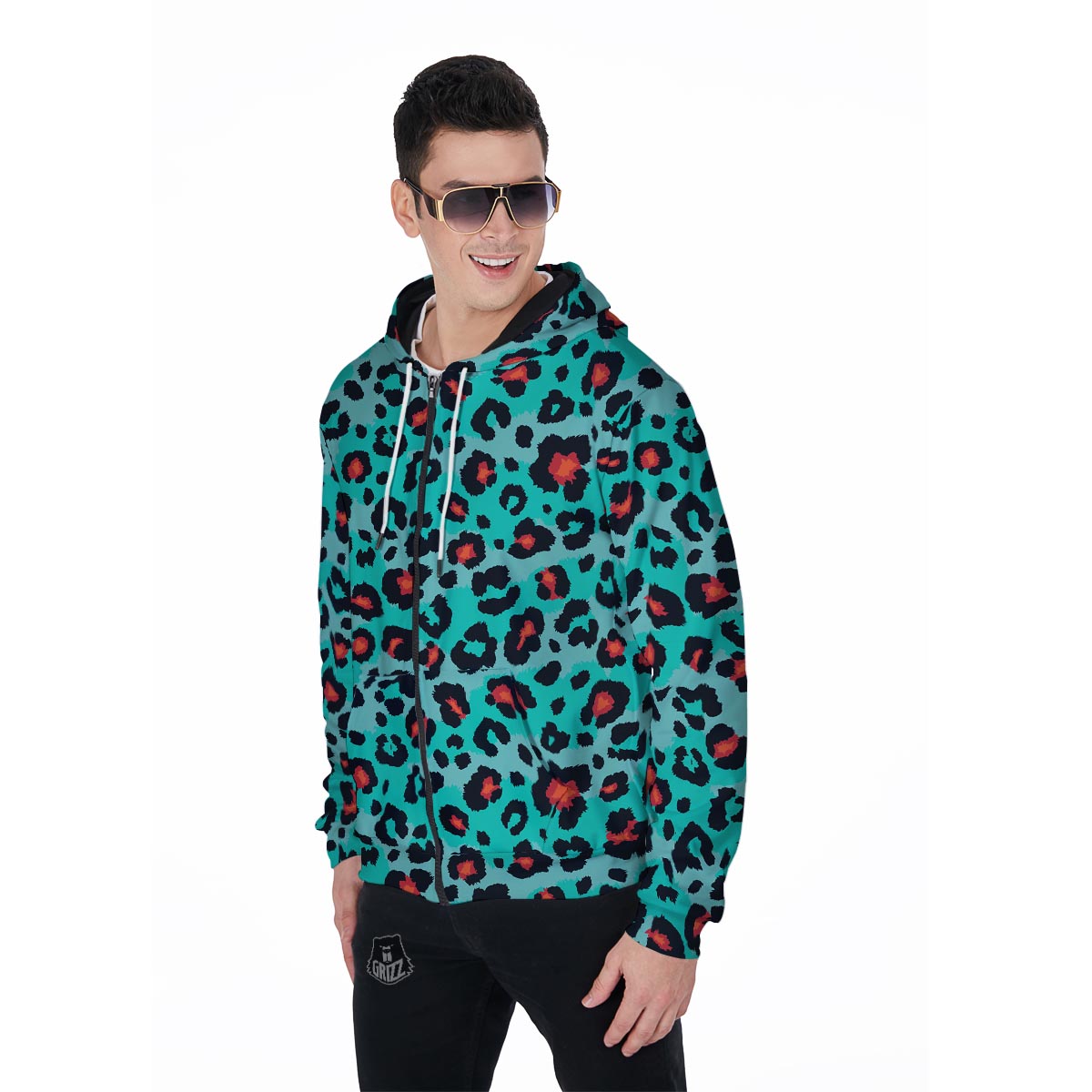 Teal Leopard Men's Zip Up Hoodie-grizzshop