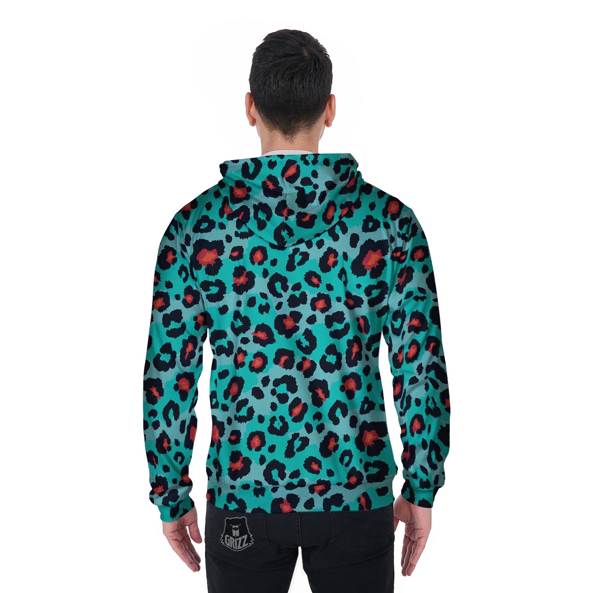 Teal Leopard Men's Zip Up Hoodie-grizzshop