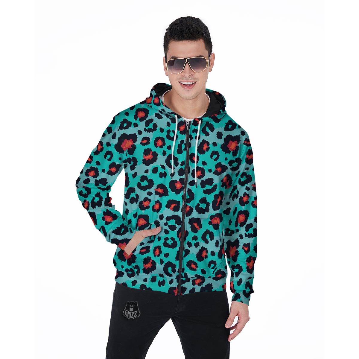 Teal Leopard Men's Zip Up Hoodie-grizzshop