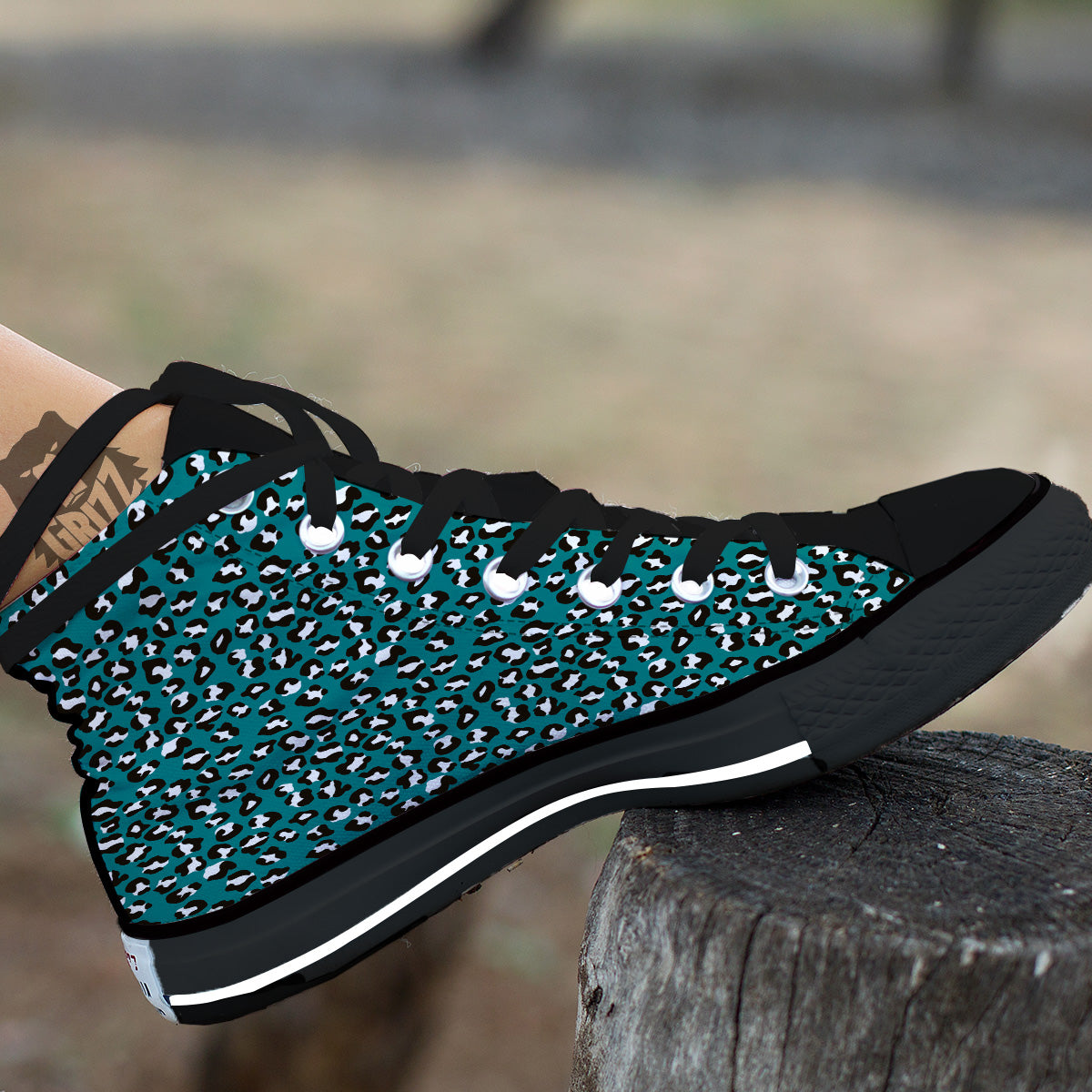 Teal Leopard Print Pattern Black High Top Shoes-grizzshop