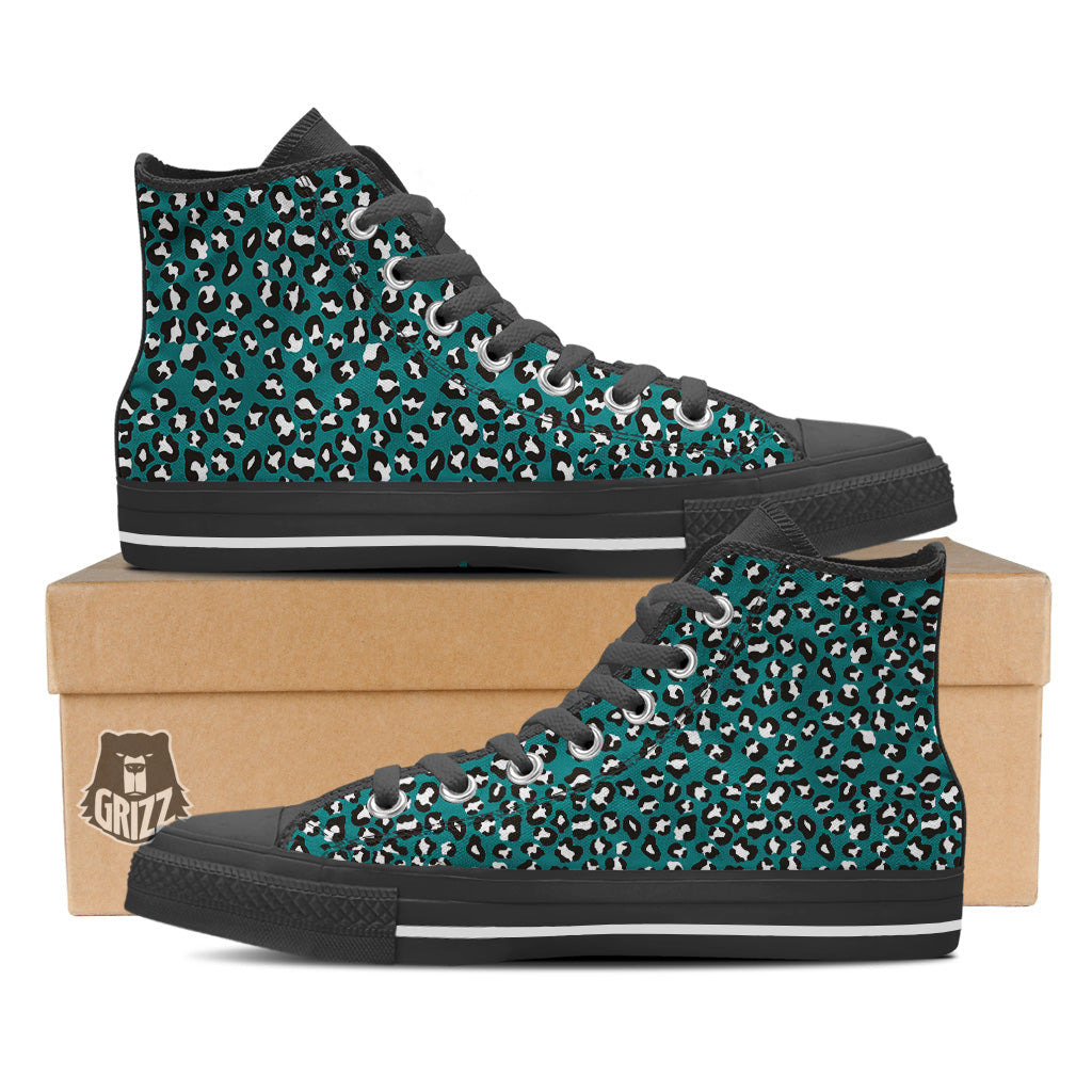 Teal Leopard Print Pattern Black High Top Shoes-grizzshop