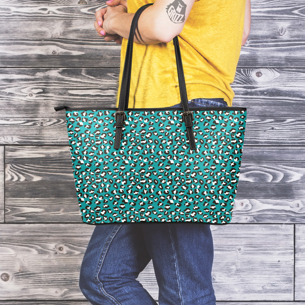 Teal Leopard Print Pattern Leather Tote Bag-grizzshop